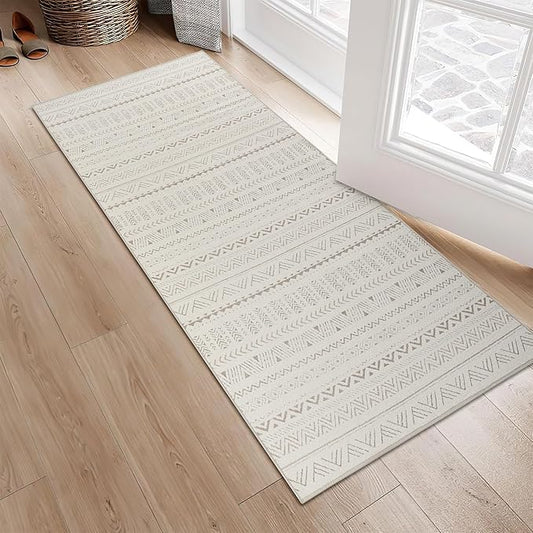 RYB HOME 2x6 Boho Washable Jacquard Runner Rug for Hallway, Non Slip 3D Textured Geometric Jacquard Carpet for Bedroom, None Shedding Area Rug for Kitchen Bathroom Hallway, Beige