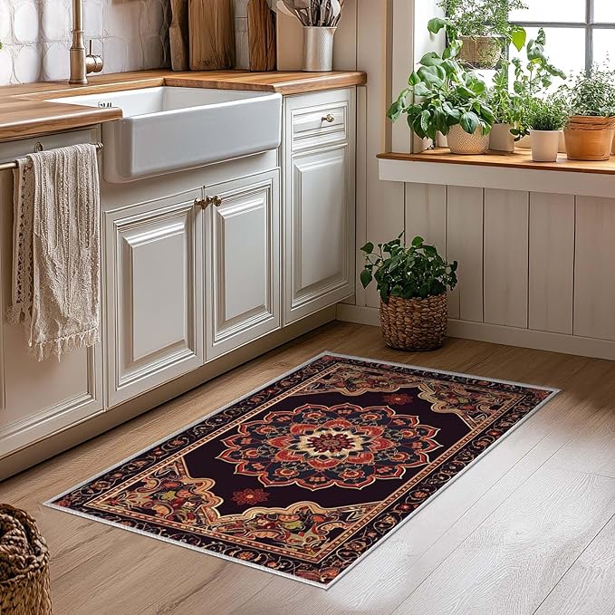 2x3 Entryway Rug Boho Black Red Vintage Oriental Area Rug Thin Small Carpet Bathroom Non Slip Indoor Entrance Low Pile Door Mat Kitchen Stain Resistant Washable Machine