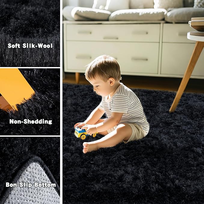 Black Fluffy Rug for Bedroom 3x5 ft Small Rug - Ultra Soft & Non Slip Shaggy Area Rug, Comfy Durable Carpet for Living Room Kids Room Teens Dorm Home Decor, 1.7'' Thick Indoor Plush Carpets
