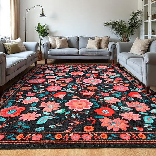 Area Rugs for Living Room 9x12 Non-Slip Carpet Washable Boho Rug Vintage Low Pile Carpet Print Home Rugs for Bedroom Kids Room Playroom Dining Room Home Office Farmhouse,Dark Black