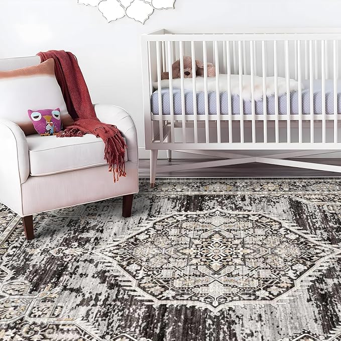 Washable Rugs 10x14 Area Rug：Large Rugs for Living Room - Oriential Distressed Printed Floral Carpet - Non Slip with Rubber Backing Area Rug 10'x14' Black