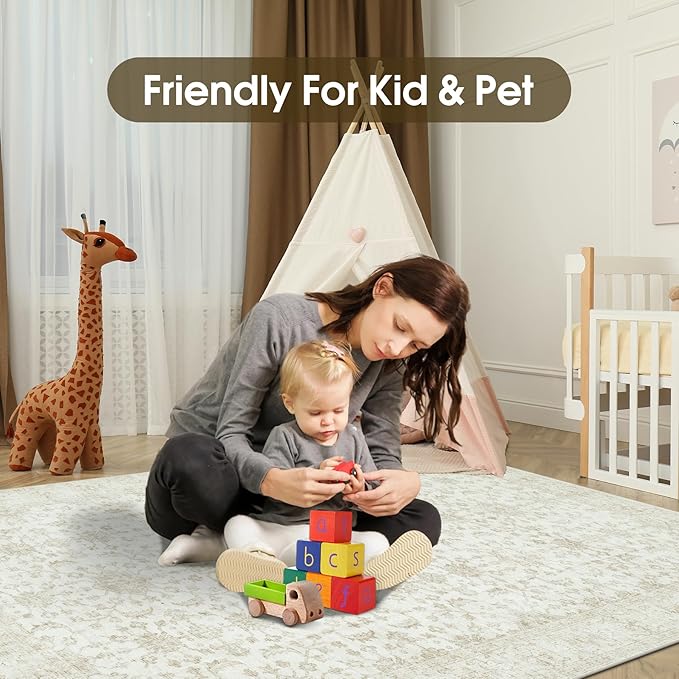 Washable Rugs 8x10 Area Rugs, Soft Vintage Living Room Rug with Anti-Skid Backing Stain Resistant Thin Indoor Carpet Large Area Rug for Bedroom Under Dining Room Table Nursery Entryway-Light Beige