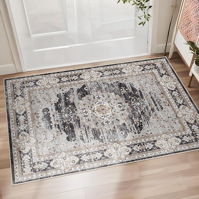 Washable Entryway 2x3 Rug: Small Boho Rugs for Indoor Entrance Non Slip Backing Stain Resistant Carpet Low Pile Throw Rugs for Bedroom Bedside Inside Front Door Floor Kitchen Decor(Black,2x3FT)