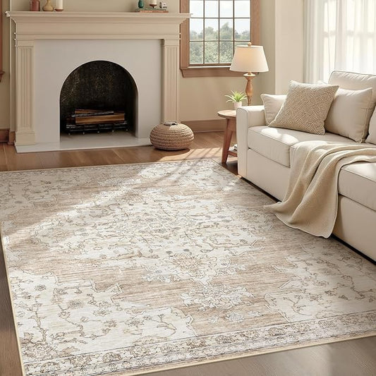 4x6 Area Rugs Washable Rug: Large Vintage Living Room Rug with Non-Slip Backing Low Pile Rugs Soft Indoor Floor Thin Carpet Non Shedding Neutral Carpets for Bedroom Dining Room Farmhouse Nursery Beige