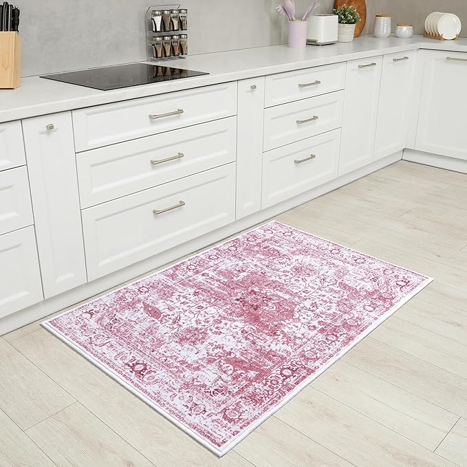 Keeko Small Rugs for Entryway, 2x3 Living Room Area Rug Vintage Door Mat Accent Bedroom Bedside Rug Indoor Retro Non Slip Front Door Print Throw Rugs for Kitchen Laundry Room Decor Reddish Pink
