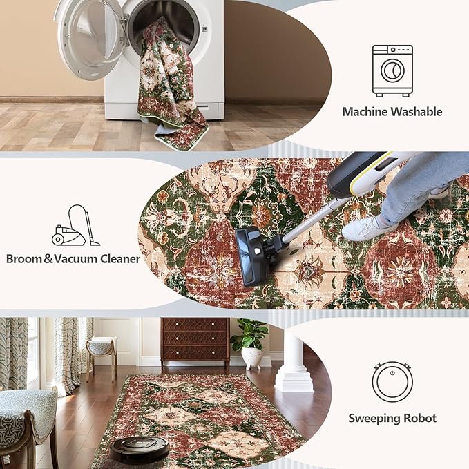 Washable Boho Vintage Area Rugs 5×7 Non-Slip Traditional Red and Green Carpet for Living Room Bedroom Dining Room Farmhouse