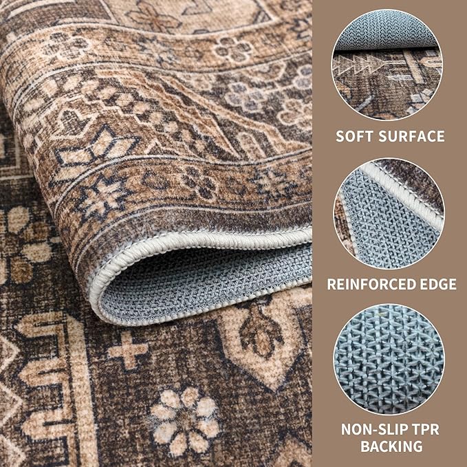 Vintage Washable Area Rug for Living Room,Low Pile 8x10 Non Slip Carpet Non-Shedding Area Rug Soft Indoor Stain Resistant Rug Floral Print Mat for Bedroom Dining Room Brown