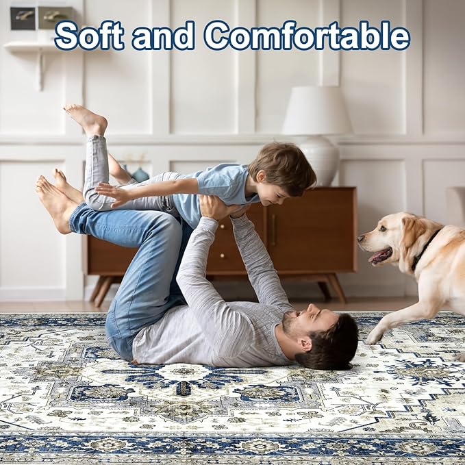 Area Rugs for Living Room 9x12 - Large Machine Washable Vintage Oriental Soft Rug, Low Pile Thin Carpet with Non Slip Backing for Bedroom, Dorm, Under Dining Room Table, Indoor House, Office Decor