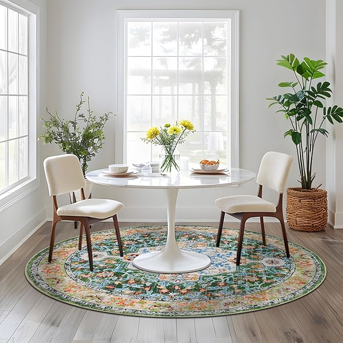 U'Artlines Boho Vintage Area Rug 4ft Machine Washable Low Pile Soft Floor Carpet Non Slip Non Shedding Accent Rug for Living Room Bedroom Entryway Dining Room Office Green
