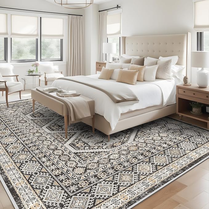 Washable Living Room Area Rug: 9x12 Large Super Soft Vintage Rugs Bedroom Oriental Indoor Rug Water Resistant Ultra Thin Carpet Non-Slip Backing Distressed Rugs for Kitchen 9x12 Black