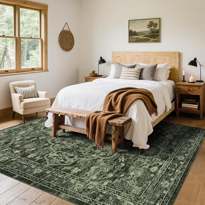 U'Artlines Boho Vintage Area Rug 8x10 Machine Washable Low Pile Soft Floor Carpet Non Slip Non Shedding Accent Rug for Living Room Bedroom Entryway Dining Room Office Dark Green
