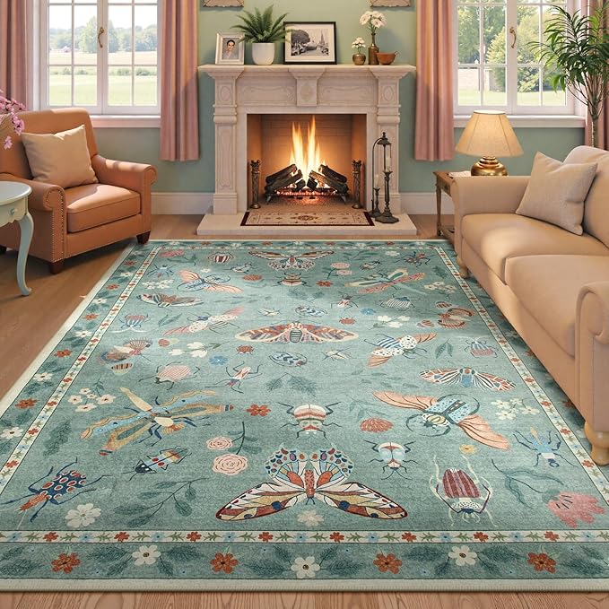 Beeiva Insect Print Rug 6x9, Throw Rugs for Living Room, Boho Washable Non Slip Soft Low Pile Ultra Thin Foldable Carpet for Office, Bedroom, Playroom, Dining Room - Light Green