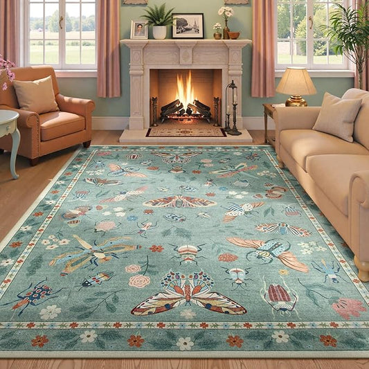Beeiva Insect Print Rug 6x9, Throw Rugs for Living Room, Boho Washable Non Slip Soft Low Pile Ultra Thin Foldable Carpet for Office, Bedroom, Playroom, Dining Room - Light Green