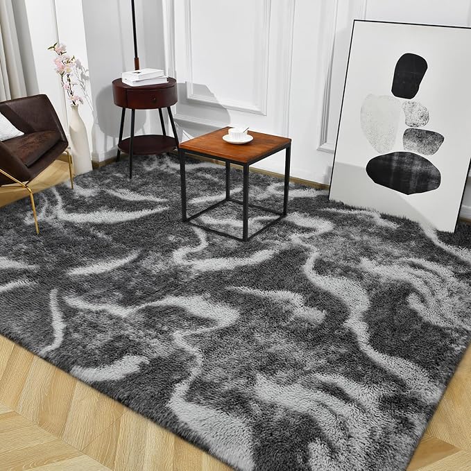 TWINNIS Super Soft Shaggy Rugs Fluffy Carpets, 5x8 Feet, Indoor Modern Plush Area Rugs for Living Room Bedroom Kids Room Nursery Home Decor, Upgrade Anti-Skid Rectangular Fuzzy Rug, Black Grey