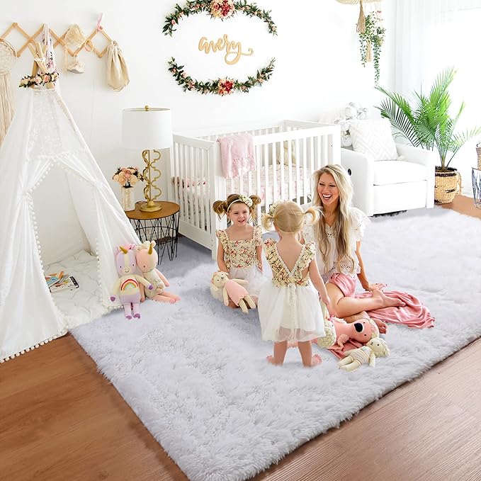 RUGTUDER 6x9 Area Rug for Bedroom, White Fluffy Rugs for Living Room, Upgrade Anti-Slip Soft Shag Fuzzy for Kids Girls Boys Baby Nursery Room Decor, Furry Large Carpet Room Decor Aesthetic