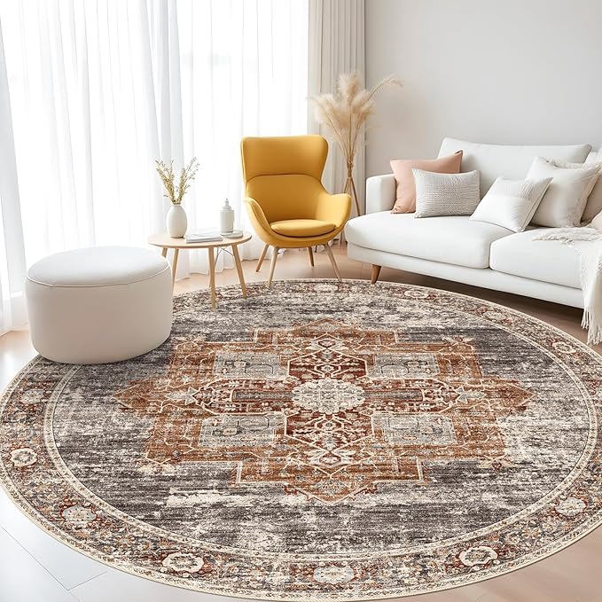 RUUGME Washable 6 ft Round Area Rug - Boho Rugs for Living Room Stain Resistant Carpet Vintage Tribal Rugs for Bedroom Kitchen Bathroom with Non Slip Backing Home Decor Floor Mat 6ft Brick
