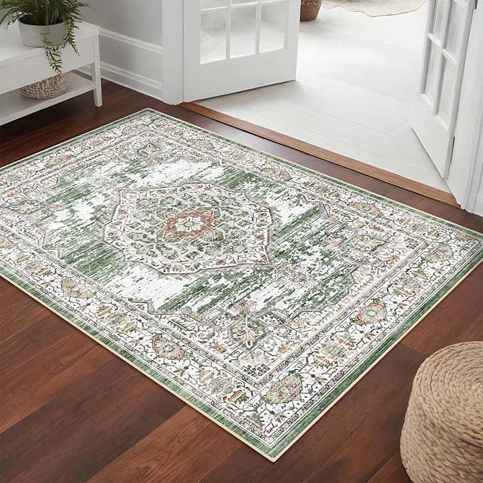 YOUFORTONG Washable Rug 3x5 Area Rugs: Soft Ultra Thin Low Pile Mat Machine Washable Indoor Doormat Lightweight Entry Rug Anti Slip Backing Rugs for Living Room Bedroom Kitchen 3'x5' Green