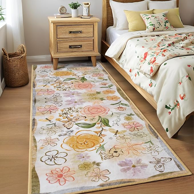 ST. BRIDGE Beige Runner Rug 2x6, Washable Rug Runners for Hallway Entryway Bedroom, Non-Slip Low Pile Boho Floral Throw Rugs Soft Faux Wool Floor Carpet for Kitchen, Bathroom, Laundry