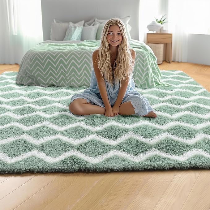 RUGTUDER Soft 5x8 Area Rug, Washable Shaggy Fluffy Striped Shag Rugs for Living Room Bedroom Baby Nursery Girls Boys Kids Room Teens Dorm, Non-Slip Plush Chevron Indoor Floor Rug, Sage Green and White
