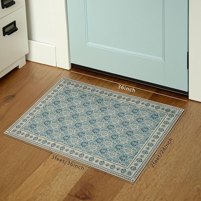 Vintage Doormat Entryway Rug Washable Area Rug 2x3, Spill-Proof Surface, Non-Slip Backing, Cozy Soft Faux Wool, Printed Rugs 2x3, Bathroom Rugs, Bedroom Rugs - Maya