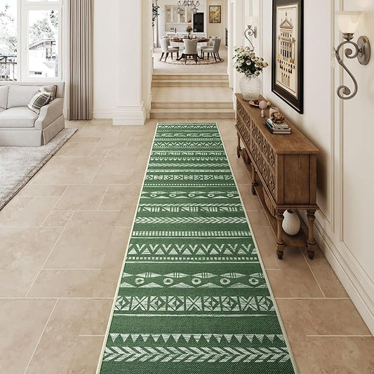 Runners for Hallways Kitchen Runner Rug Non Slip 2x10 Long Washable Runner Rugs Tear and Stain Resistance, Hand Woven Style, No Pile, Printed Rug for Hallways, Kitchen, Bedroom- Green