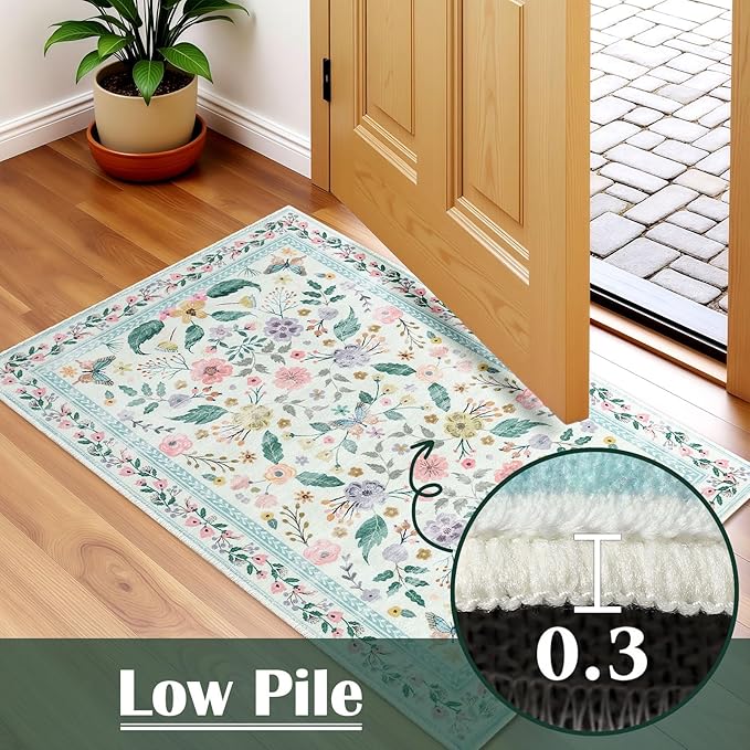Terrug 2x3 Green Floral Area Rug for Entryway,Boho Machine Washable Throw Rugs with Non-Slip Blacking for Kitchen,Small Flower Carpet for Bedroom Front Door Laundry Floor Decor
