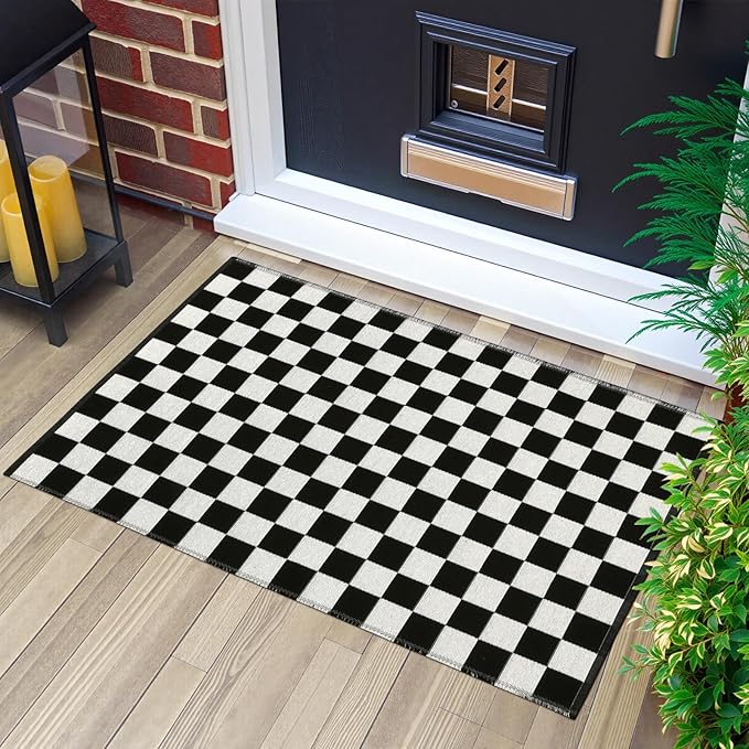 Seavish Checkered Rug, 2x3 Ft Moroccan Checkerboard Rug Black and White Outdoor Washable Rug Cotton Woven Area Rugs Reversible Floor Mat for Front Door Bedroom Entryway Kitchen Entryway