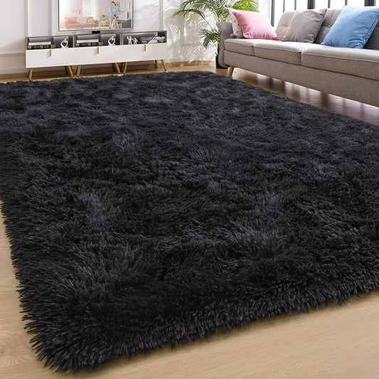 YJ.GWL Area Rugs for Living Room Bedroom, 4x6 Machine Washable Large Black Carpet, Soft Fluffy Shaggy Thick Big Shag Indoor Floor Rug for Kids Boy and Girls Room Dorm Home Decor Aesthetic