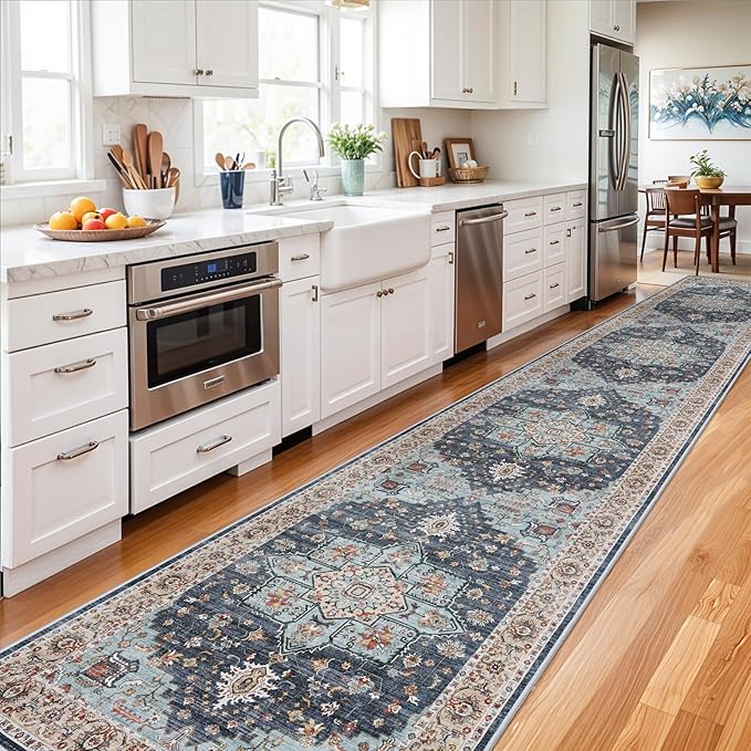 Washable Oriental Hallway Runner Rug - 3x16 Rugs for Living Room Soft Carpet for Bedroom Kitchen Waterproof Floral Distressed Indoor Stain Resistant Non-Shedding Floor Carpets (Blue/Teal/Orange, 3X16)