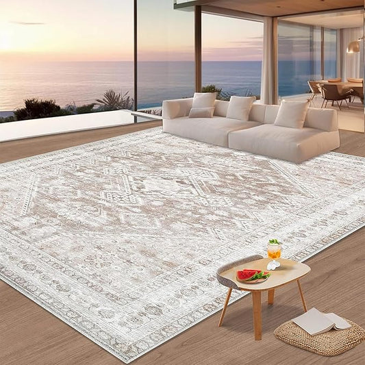 Zomfy Area Rug Vintage 8x10 Living Room Rugs: Large Washable Rug, Traditional Medallion Rug, Non Slip Boho Carpet for Bedroom Dining Table Kitchen Home Office(Beige, 8'x10')