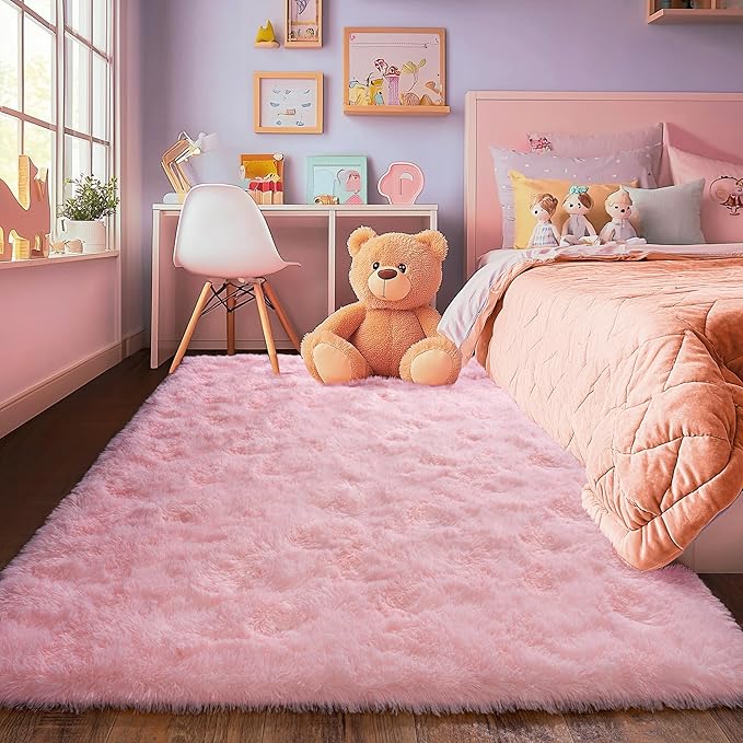 Pink Fluffy Rug for Bedroom 3x5 ft Small Rug - Ultra Soft & Non Slip Shaggy Area Rug, Comfy Durable Carpet for Living Room Kids Room Teens Dorm Home Decor, 1.7'' Thick Indoor Plush Carpets