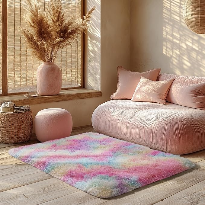 Zentavio Bedside Rugs Small 2x3 Shag Entry Entrance Rugs Soft Girls Bedroom Carpet Area Rugs for Dorm College Essentials Non-Slip Living Room Throw Rug Home Decor Aesthetic Nursery Rainbow