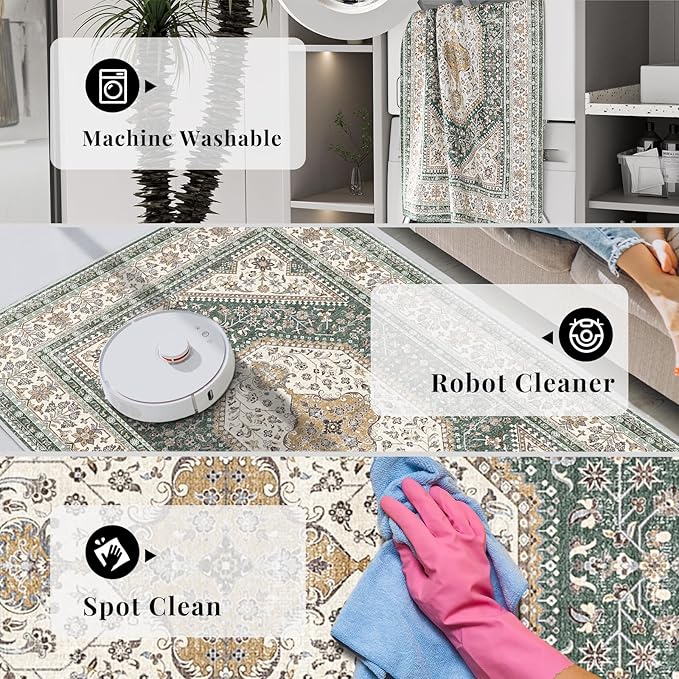 Washable Entryway 2x3 Rug: Small Boho Rugs for Indoor Entrance Non Slip Backing Stain Resistant Carpet Low Pile Throw Rugs for Bedroom Bedside Inside Front Door Floor Kitchen Decor(Green,2x3FT)