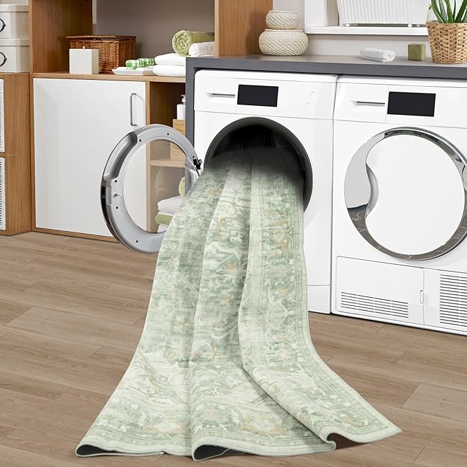 Washable Rugs 8x10 Area Rugs, Soft Vintage Living Room Rug with Anti-Skid Backing Stain Resistant Thin Indoor Carpet Large Area Rug for Bedroom Under Dining Room Table Nursery Entryway-Green