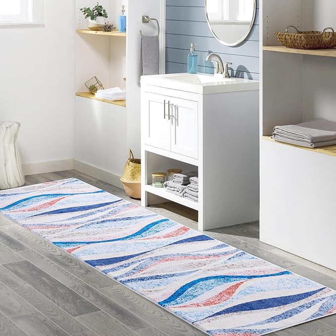Carvapet Rugs for Hallway Laundry Bedroom, Modern Floral Low Pile Long Carpet with Rubber Backing, Foldable, Non Slip Machine Washable (8 x 2 Feet Rectangular, Orange Runner Rug)