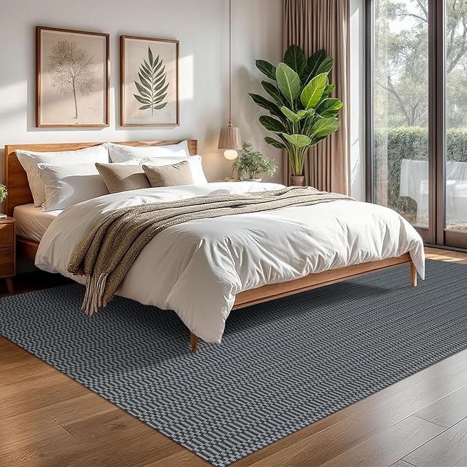 KOZYFLY Washable Area Rug for Living Room 6x9 Ft Bedroom Rug with Runner Backing Braided Cotton Dining Room Rug, Large Floor Carpet for Living Room Dining Room, Grey/Charcoal Grey