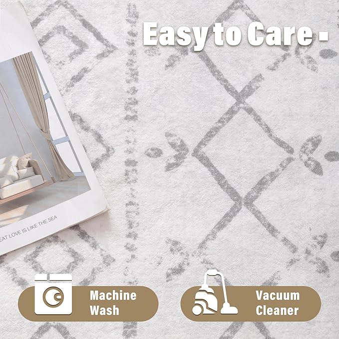 Carvapet Rugs for Living Room Bedroom, Grey Boho Low Pile Large Carpet with Rubber Backing, Foldable, Non Slip Machine Washable (9 x 6 Feet Rectangular, Gray Area Rug)