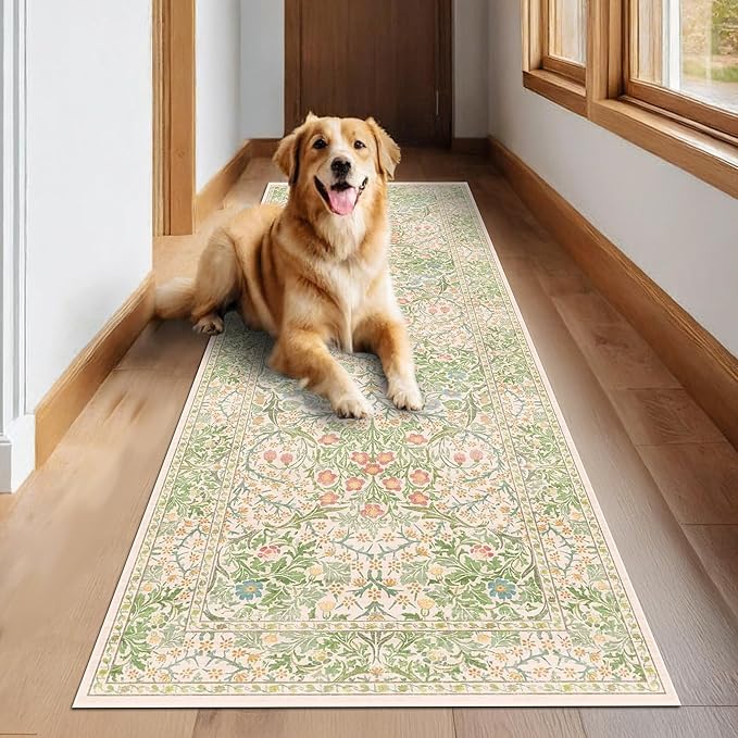 Vintage Beige Green 2'6" x 8' Runner Rug for Kitchen, Hallway, Bathroom, Entryway Indoor, Laundry Room, Washable Non Slip Rubber Backing Stain Resistant