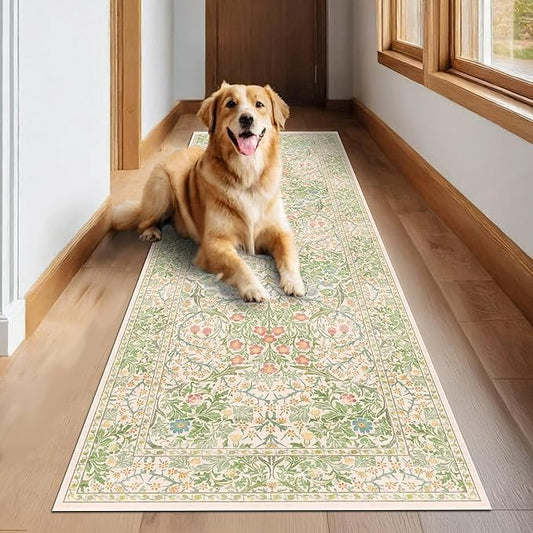 Vintage Beige Green 2'6" x 8' Runner Rug for Kitchen, Hallway, Bathroom, Entryway Indoor, Laundry Room, Washable Non Slip Rubber Backing Stain Resistant