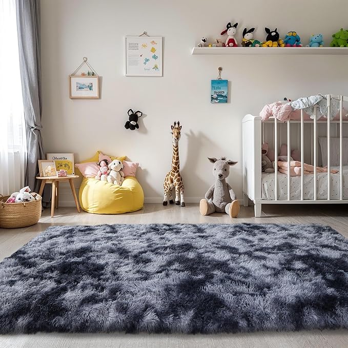 Thick Area Rug Dark Grey Fluffy Shag 3x5 for Bedroom, Soft Plush Fuzzy Washable Carpet for Living Room, Non Slip Furry Floor Shaggy Rug for Kids Baby Nursery College Dorm, Tie-Dye Dark Gray