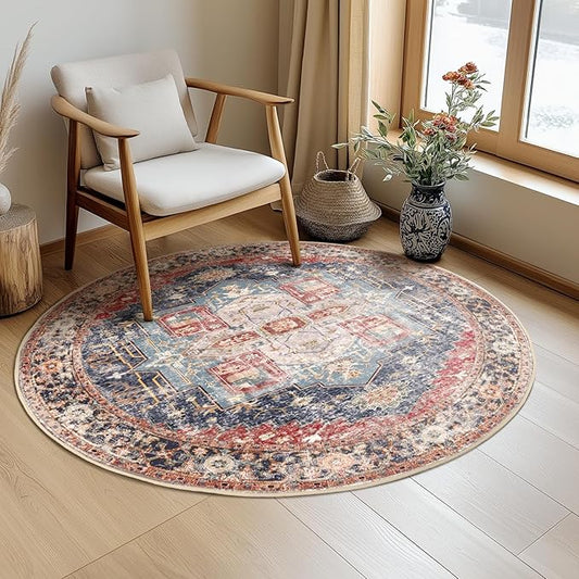 Washable 4ft Area Rugs, Rugs for Living Room, Low-Pile Water&Stain Resistant Carpet Vintage Distressed Printed Non-Slip Carpet for Bedroom Bathroom Kitchen-Dark Red