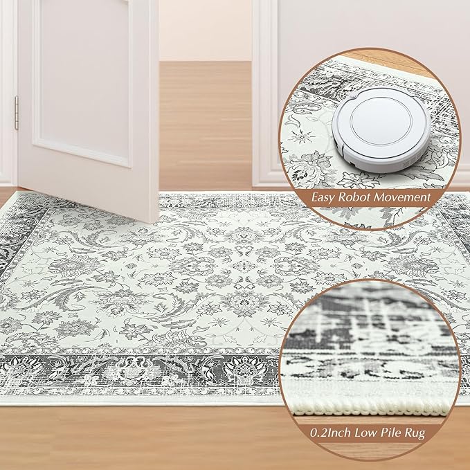 Area Rugs for Living Room, 4x6 Washable Rugs for Bedroom, Non-Slip Floral Carpet for Entryway Office Kitchen Dining Room, Grey and White