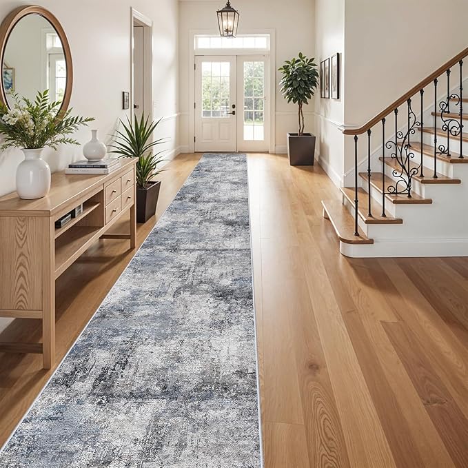 RUUGME 3x20 Runner Rug Hallway - Runner Rug Stain Resistant for Living Room Non Slip Indoor Entryway Rubber Backing Carpet Bedroom Kitchen Distressed Floor Decor Mat Machine Washable 3x20 Blue