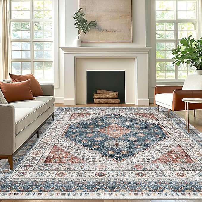 Oversized Rug for Living Room-Machine Washable Area Rugs 9'x12' for Bedroom, Non-Shedding Faux Wool Vintage Design Boho Low Pile Mat Rugs,Stain Resistant Rugs with Non-Slip Backing（Dark Color）