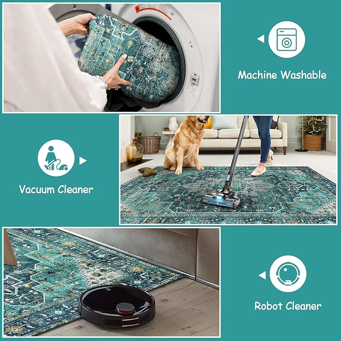 Moynesa Ultra-Thin Washable Vintage Area Rug - 3x5 Boho Entry Throw Rug Non-Slip Oriental Medallion Bedroom Mat Non-Shedding Indoor Floor Carpet for Living Laundry Room, Teal/Mutil