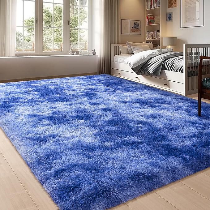 6x9 Large Blue Rugs for Bedroom Kids Boys Room, Soft Fluffy Shag Rug for Living Room, Non Slip Fuzzy Plush Carpet for Nursery Dorm Home Decor Aesthetic, Shaggy Indoor Floor Rug, Tie-dye Blue