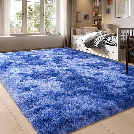 6x9 Large Blue Rugs for Bedroom Kids Boys Room, Soft Fluffy Shag Rug for Living Room, Non Slip Fuzzy Plush Carpet for Nursery Dorm Home Decor Aesthetic, Shaggy Indoor Floor Rug, Tie-dye Blue