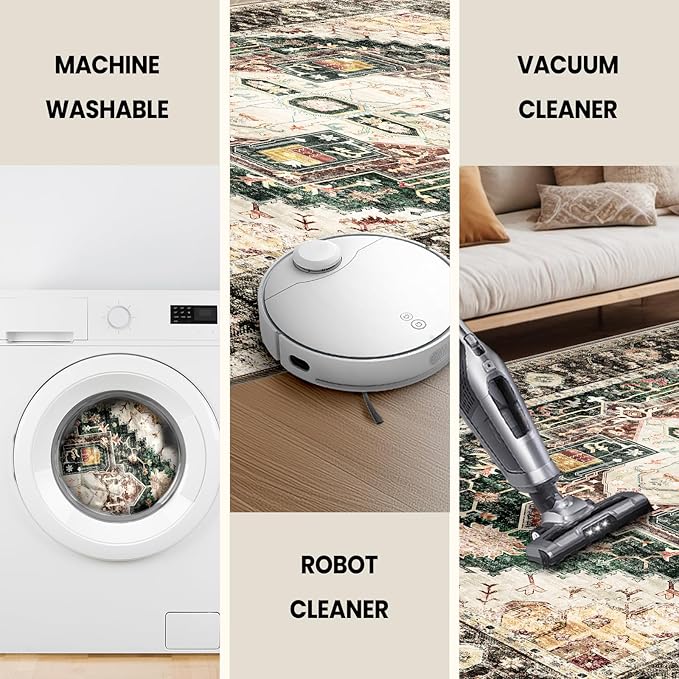 Washable 9x12 Area Rugs, Rugs for Living Room, Low-Pile Water&Stain Resistant Carpet Vintage Distressed Printed Non-Slip Carpet for Bedroom Bathroom Kitchen-Green