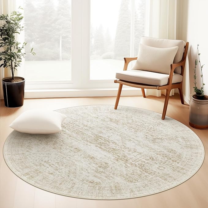 4x4 Beige Round Rug 4ft Entryway Rug Vintage Round Area Rug Non-Slip Indoor Carpet for Living Room Dining Room Bedroom