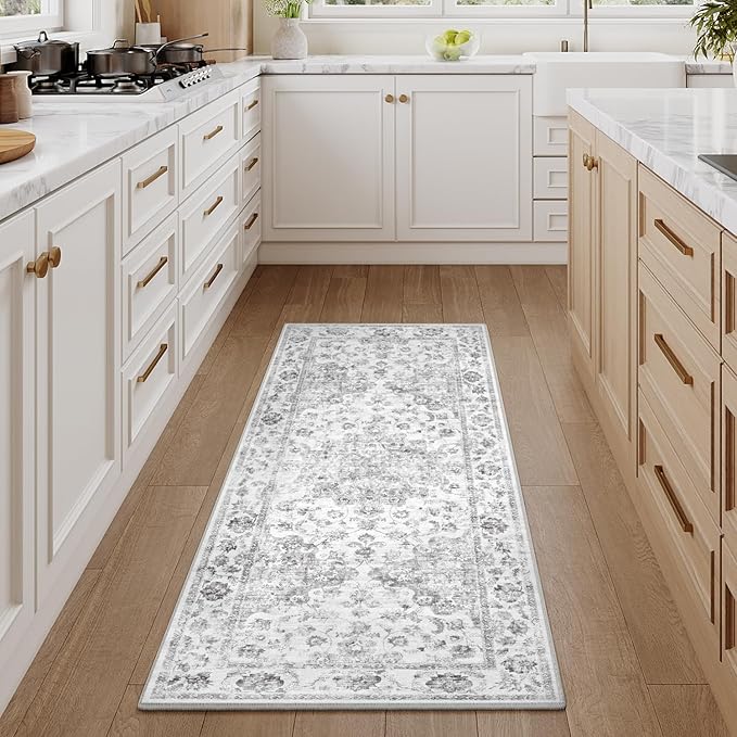 2x5 Washable Neutral Runner Rug Grey Hallway Kitchen Non-Slip Low Pile Floral Carpet Vintage Soft Thin Small Throw Rug for Bathroom Bedroom Entryway Indoor Entrance